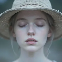 out of focus photorealistic portrait of a beautiful pale young woman by sarah moon, tiny nose, wide face, very blurry, translucent white skin, closed eyes, foggy, closeup, with a weird hat