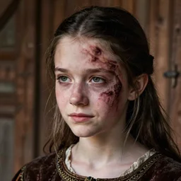eighteen year old medieval girl with a large ugly birthmark covering half her face, pale, unhappy expression, photography, award - winning, close up, shallow depth of field, highly detailed, dark hair, realistic, wooden farmhouse background