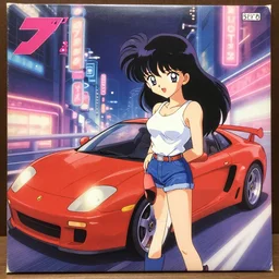 album - cover of a 1 9 8 0 s japanese city - pop record featuring an anime illustration by akira toriyama. cute stylish woman ; sports car ; neon ; urban summer drive.