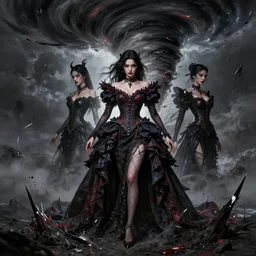 character design by ilya kuvshinov, martine johanna, jakub rebelka ( ( ( portrait of hoyeon jung in seductive luxurious evil dress ) ) ) emerging from violent tornado, sharp edges. ultra clear detailed. ultra detailed, majestic, intricate,