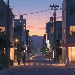 beautiful anime scenery, city street at dusk