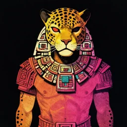 illustration of mayan jaguar warrior, sullen, showing irritation or ill humor by a gloomy silence or reserve. in colors # 2 1 3 4 a 6, # 7 4 c 2 fb, # 6 6 9 3 fs, # 9 8 fb 9 8, # 0 1 7 9 6 f, by studio multi and victo ngai, malika favre, william s burroughs, cut up film