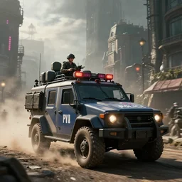 a militarized police vehicle riding through an orwellian town, action scene, an epic fantasy, dramatic lighting, cinematic, establishing shot, extremely high detail, photorealistic, cinematic lighting, artstation, octane render, by simon stalenhag, horizon forbidden west