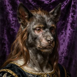Cerberus is member of the English royal family, Background is a curtain of purple Velvet, oil painting, hyper detailed, hyper realistic, by Botticelli, portrait