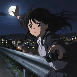 anime visual, dark portrait of a young female sightseeing above the city, guardrail, moon, cute face by yoh yoshinari!!, katsura masakazu, dramatic lighting, dynamic pose, dynamic perspective, strong silhouette, ilya kuvshinov, anime cels, 1 8 mm lens, fstop of 8, rounded eyes, moody, detailed facial features