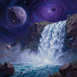 waterfall in asteroid field, purplish blueish space in background, ultra detailed, high quality, artstation award winner, oil painting, digital painting, photorealistic, 8k, vibrant, ultra detailed water, shooting stars at background