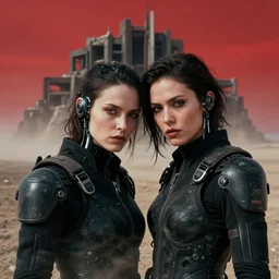cinestill 5 0 d photographic portrait of two loving provocative female androids wearing rugged black techwear on a desolate plain with a red sky in front of a brutalist structure, extreme closeup, cyberpunk style, dust storm, 8 k, hd, high resolution, 3 5 mm, f / 3 2, ultra realistic faces, ex machina