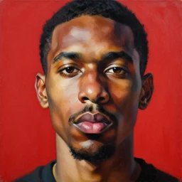 portrait of a latino man, red background, ultra detailed, extreme close up, oil on canvas, dynamic, strong shadows, 4 k, illustration, by kehinde wiley, kadir nelson, john william waterhouse, edward hopper