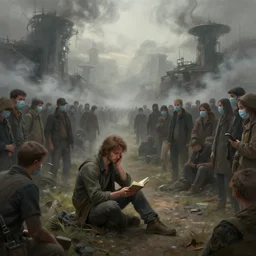 fairy tell story of a man suffering due to high air pollution in future, concept art, digital painting, people are wearing masks, wide angle shot, in the style of greg rutwoski, very hyper realistic, highly detailed, fantasy art station