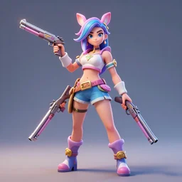 character sheet of KDA Miss Fortune from League of Legends. Miss fortune has two small shotguns. Pastel colors, 3d render, 8k resolution, octane render
