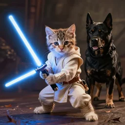 Jedi knight kitten in a lightsaber battle with a sith dog