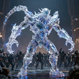 opal by jakub rozalski, chaos golem still frame from mcu movie, nuclear crystal construct from kubrick movie, crystal golem fighting vast army by jakub rozalski, opal lightning elemental from benicio del toro movie