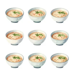 minimalist watercolor art variety of vietnamese pho symmetrical on all white background, illustration, vector art