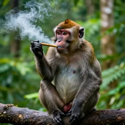 monkey smoking a blunt, lush jungle, photograph, national geographic