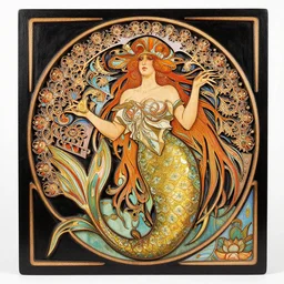 mermaid, by alphonse mucha, wood sculpture, black wood with intricate and vibrant color details, mandelbulb fractal, exquisite detail, wooden tarot