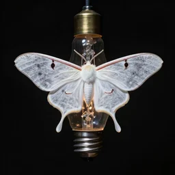 beautiful intricate white moth around an light bulb in empty black space, cgsociety, by john atkinson grimshaw, by george stubbs, by virgil finlay, h. r. giger, romanticism, eerie, dreamlike