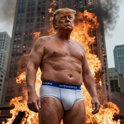 a beautiful photo of donald trump in his underwear, being unfazed by the fact that the trump tower is burning, intricate details, photography, volumetric light, 8 k