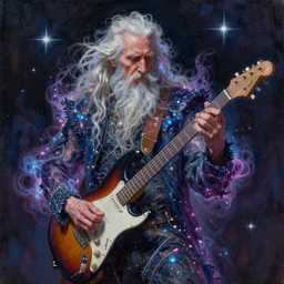 beautiful oil painting with high detail of a wise guitarist made of stars and plasma, hybrid from dungeons and dragons and art direction by James Cameron ;by artgerm; wayne reynolds art station; cinematic quality character render; low angle; ultra high quality model; production quality cinema model; flair