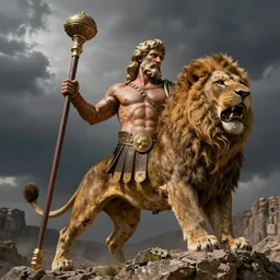 heracles donned in lion pelt with large club in hand