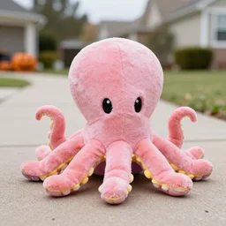 vampire octopus plush trick or treating on halloween, by the sanrio company, real, photography, halloween decorations, suburbs, pink, yellow, ground level shot, macro camera, focused