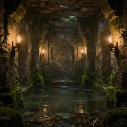 an ancient dungeon interior with stone walls, stagnant water, mossy overgrowth, soft ambient lighting from wall mounted torches, trending on artstation