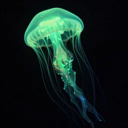 black background, colorful bioluminescence green glowing jellyfish, black background, very very very detailed, national geographic, studio lightning, 8 k, high definition