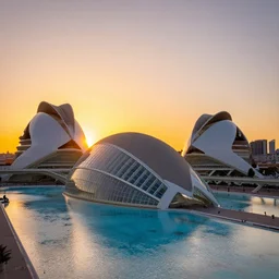 sunrise over a city of valencia, city of arts and sciences, macro photography, digital art by greg rutkowski, trending on artstation