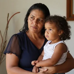 a portrait photograph of commanding, confidant, caring, 3 5 year brazilian mother, canon 8 5 mm f 1. 2 photograph