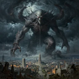 an ultradetailed landscape painting of cthulu descending from space, looming ominous over a city, dark thunderstorm, lovecraftian horror, monster from beneath the waves, intricate detail, cinematic, 8 k, cel shaded, volumetric lighting, octane render, art by greg rutkowski, jeong seon, alphonse mucha, albert bierstadt