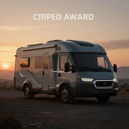 a camping car made of retrofuturistic design, sunset, hazy, volumetric lighting, rtx on, washed out dark colors, an award - winning digital render, beautiful, stunning, ultradetailed, great composition