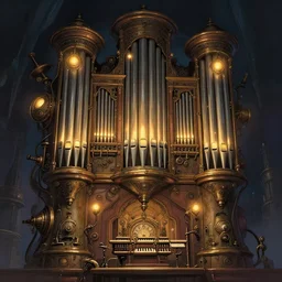 fantasy pipe organ, steampunk, glowing lights, epic, digital art, subtle colors, concept art, detailed illustration, hd, 4 k, digital art, greg rutkowski, dan mumford, studio ghibli trending on artstation