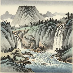 A Korean woodblock print of mountains, two waterfalls and a roaring river