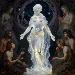 Beautiful full-body wax sculpture of glowing transparent woman in glowing cloth with visible gold bones covered with melted white wax inside the singularity where stars becoming baroque folds of dark matter by Michelangelo da Caravaggio, Nicola Samori, William Blake, Alex Grey and Beksinski, dramatic volumetric lighting, highly detailed oil painting, 8k, masterpiece