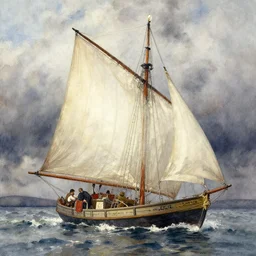 watercolor painting of boat with sail, art by anders zorn, wonderful masterpiece by greg rutkowski, beautiful cinematic light, american romanticism by greg manchess, creation by tyler edlin