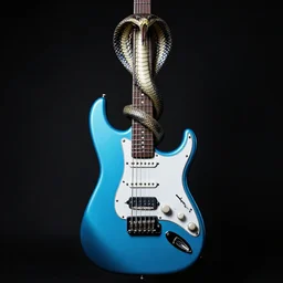 lightning blue electric guitar, with a cobra snake wrapped around the neck. album cover concept art.