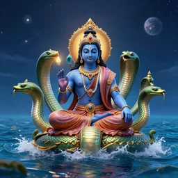 vishnu sitting on adishesha, the thousand headed serpent, floating across the cosmic ocean, digital art, octane render