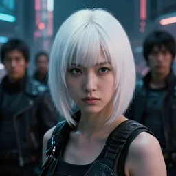 white - haired young adult japanese woman with hime cut, gang in background, bladerunner 2 0 4 9, city, cinematic, film still