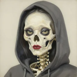 a surrealistic head and shoulder painting of a gorgeous female skeleton with cat eyeballs and lipstick and hoodie, in the style of tsuguharu foujita, digital art, detailed masterpiece