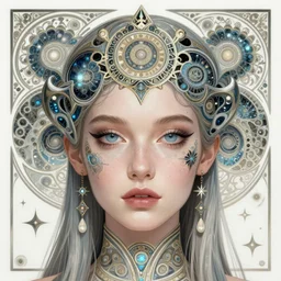detailed!!! realistic beautiful young groovypunk!!! queen of andromeda galaxy. face portrait. art nouveau, symbolist!!!, visionary, baroque, giant fractal details. horizontal symmetry by zdzisław beksinski, iris van herpen, raymond swanland and alphonse mucha!!!. highly detailed, hyper - real, beautiful