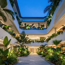The atrium of a refurbished contemporary building filled with tropical plants, blue hour, 4k,