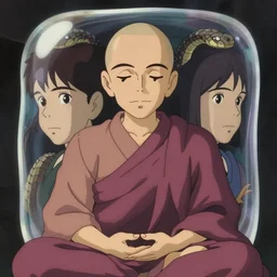 a film still portrait of a cubic snake bubble. a mauve old monk is meditating. finely detailed features, closeup at the faces, chronenberg, perfect art, grimdark, trending on pixiv fanbox, painted by studio ghibli
