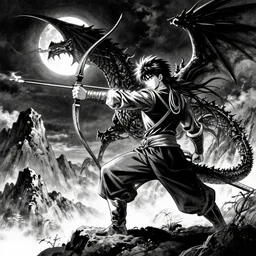 archer. dragon. night sky. moon. mountain. dark fantasy. epic fight. detailed. digital art. black and white. by kentaro miura