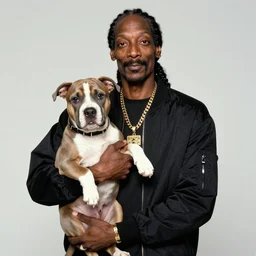Snoop Dogg holding a puppy pitbull for a 1990s sitcom tv show, Studio Photograph, portrait, C 12.0
