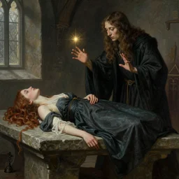 a young woman lies unconscious on a stone table. to her side, is a flustered sorcerer casting a spell, by gerald brom.