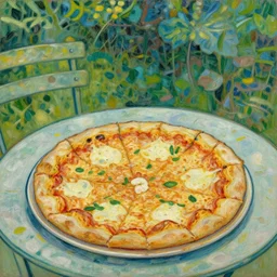Van Gogh oil painting of a pizza magaritha on a garden table