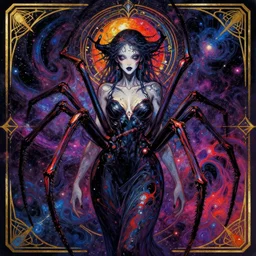 the macabre spider goddess of trypophobia and vast expansive cosmic darkness, trending on pixiv, trending on artstation, vibrant, highly detailed fantasy character illustration by jackson pollock and rebecca guay, art deco, art nouveau