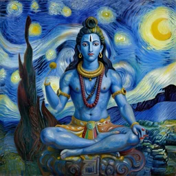 An oil painting of the Indian god Shiva in the style of Starry Night by Vincent van Gogh