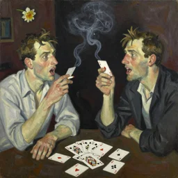 oil painting in the style of ivon hitchins. john craxton. playing cards. sailors talking loudly in the shadows of a jazz club.. hair. in the style of ivon hitchins. eyes. strong expressions on faces. smoke. holding cigarettes. scratch. strong lighting. brush. single flower. cheekbones. seated figure hands on table. line drawing.