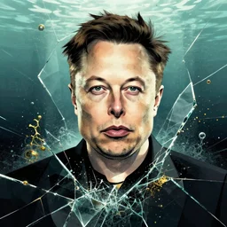 shattered glass retro stylized portrait of Elon Musk, cracked obsidian geometric fantasy art, splattering black gold iridescent bubbly underwater scenery, greg rutkowski, loish, rhads, makoto shinkai, lois van baarle, ilya kuvshinov