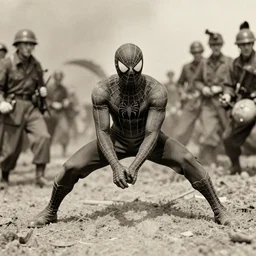 sepia photograph from world war II of spider-man fighting on the front lines
